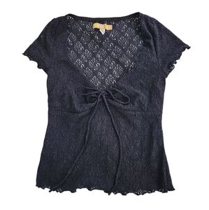 Urban Outfitters Black Lace Short Sleeve Top Cap Sleeve Bow Lettuce Hem Size S